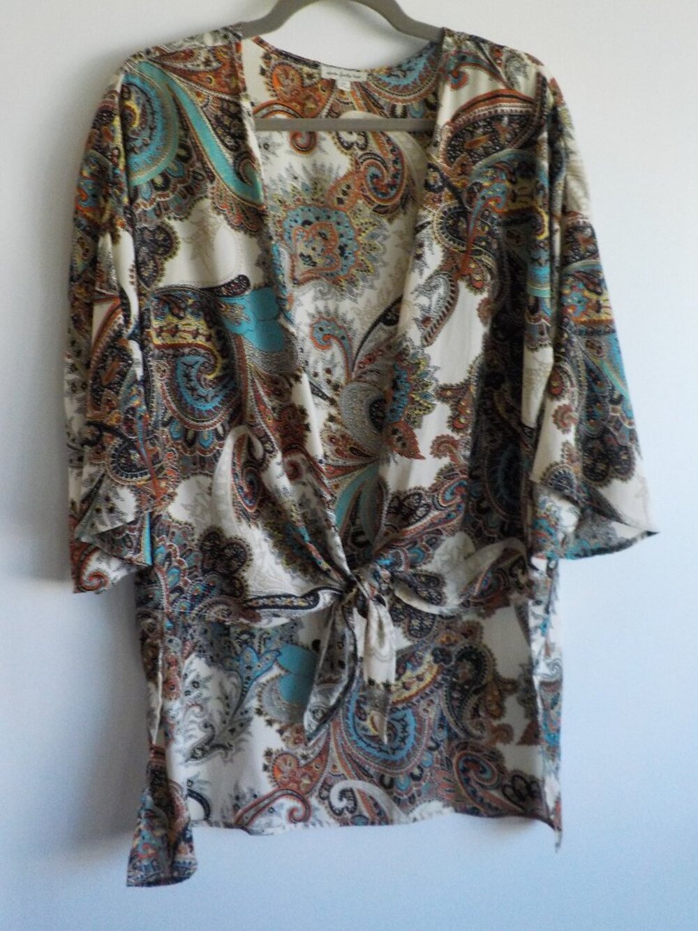 742 Kimono Coverup Shirt - Medium - Boho Short Sleeve Tie Front Paisley (844)